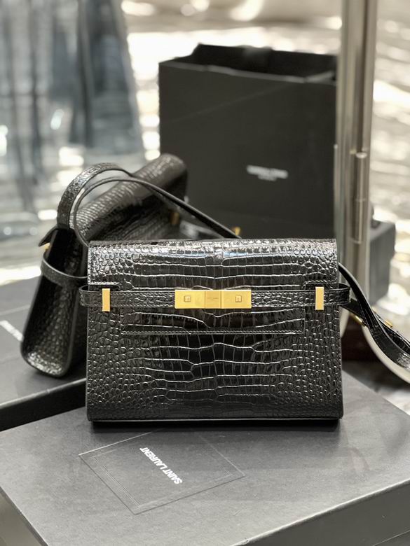 Saint Laurent Manhattan Small Shoulder Bag in Black Crocodile-Embossed Leather