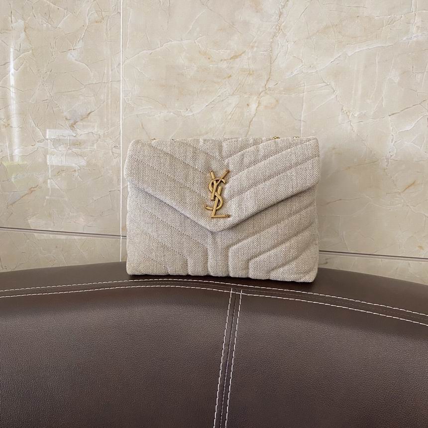 Saint Laurent Loulou Small Chain Shoulder Bag in Beige Y-Quilted Linen