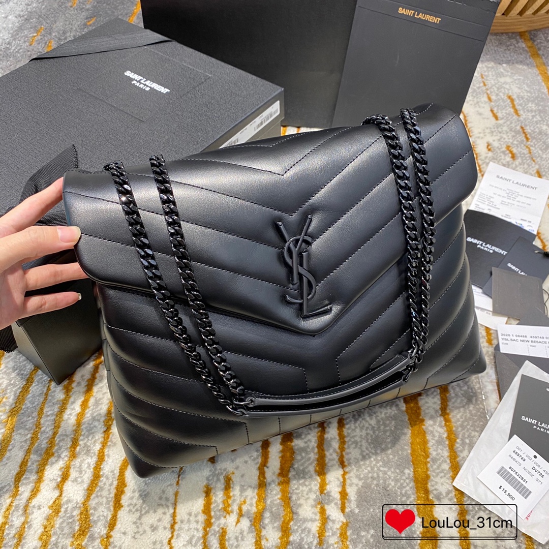 Saint Laurent Loulou Medium Chain Shoulder Bag in Black Y-Quilted Leather