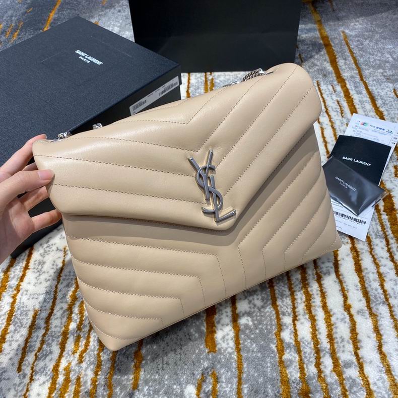Saint Laurent Loulou Medium Chain Shoulder Bag in Beige Y-Quilted Leather