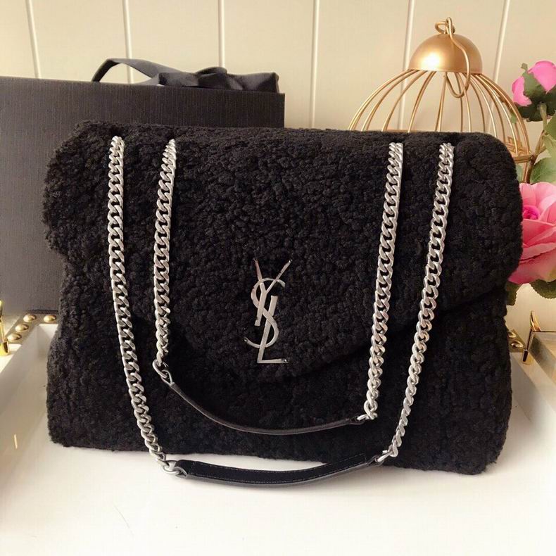 Saint Laurent Loulou Medium Chain Shoulder Bag in Black Shearling