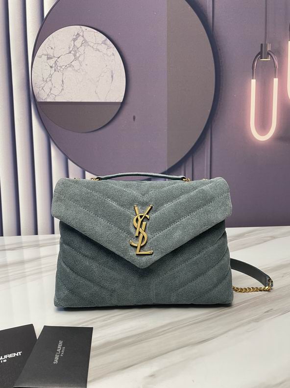 Saint Laurent Loulou Small Chain Shoulder Bag in Grey-Blue Quilted Suede