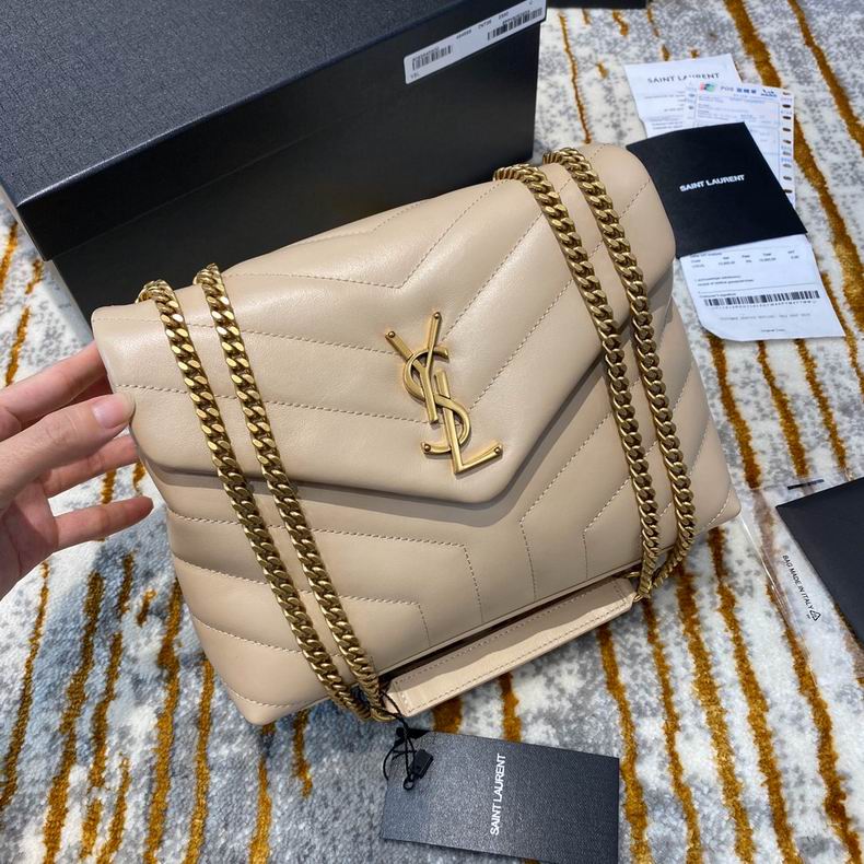 Saint Laurent Loulou Small Chain Shoulder Bag in Beige Y-Quilted Leather