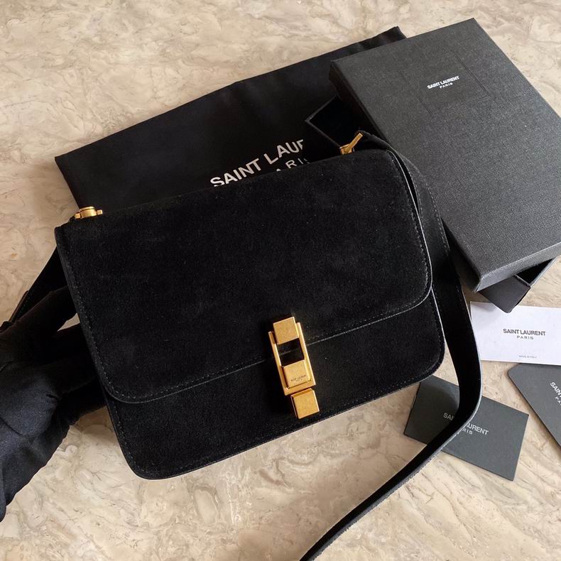 Saint Laurent Carré Satchel Shoulder Bag in Black Suede with Gold Hardware