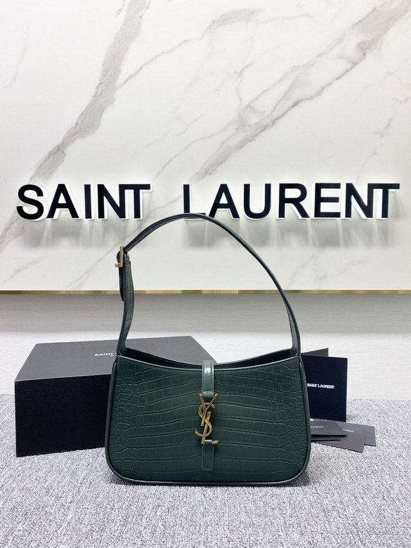 Saint Laurent Le 5 à 7 Hobo Shoulder Bag in Dark Green Croc-Embossed Leather