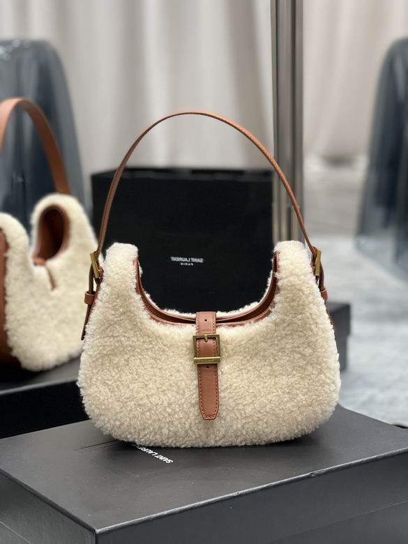 Saint Laurent Le 5 à 7 Hobo Shoulder Bag in Cream Shearling with Tan Leather
