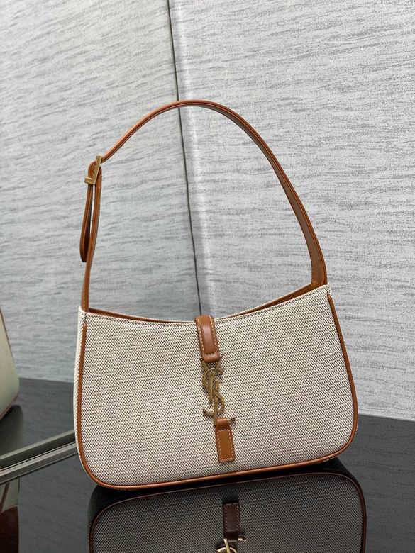 Saint Laurent Le 5 à 7 Hobo Shoulder Bag in Beige Canvas with Tan Leather Trim