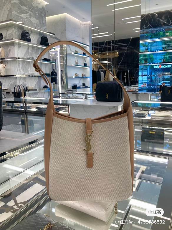 Saint Laurent Le 5 à 7 Small Hobo Bag in Beige Canvas with Tan Leather