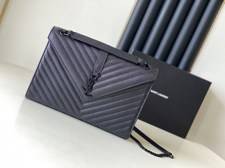 Saint Laurent Envelope Medium Chain Bag in Black Chevron-Quilted Leather
