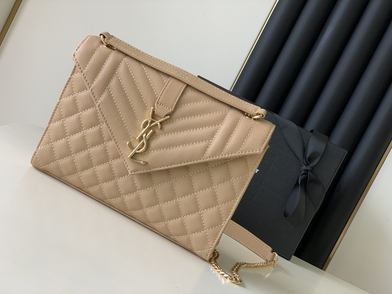 Saint Laurent Envelope Medium Chain Bag in Beige Quilted Grain Leather