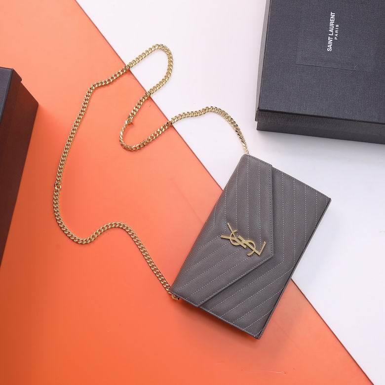 Saint Laurent Envelope Chain Wallet Bag in Gray Chevron Quilted Leather