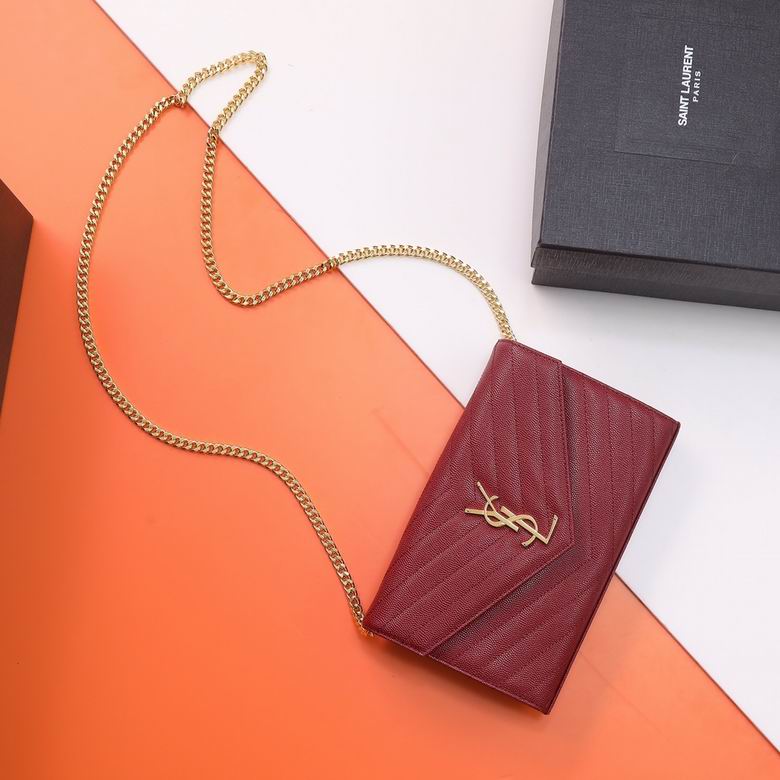 Saint Laurent Envelope Chain Wallet in Burgundy Grained Matelassé Leather
