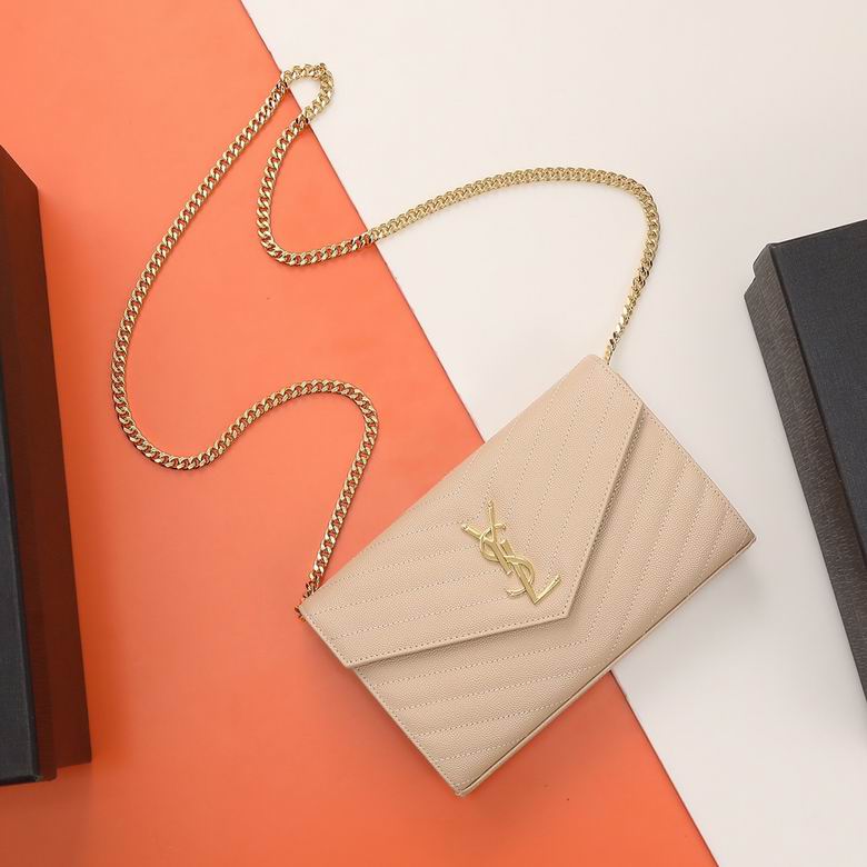 Saint Laurent Envelope Chain Wallet in Beige Matelassé Grain de Poudre Leather