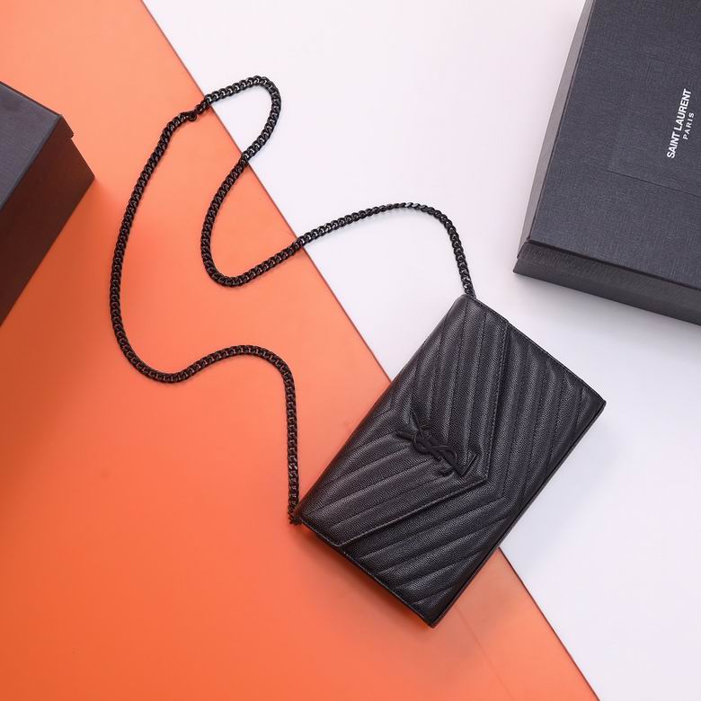 Saint Laurent Envelope Chain Wallet in Black Matelassé Grain de Poudre Leather
