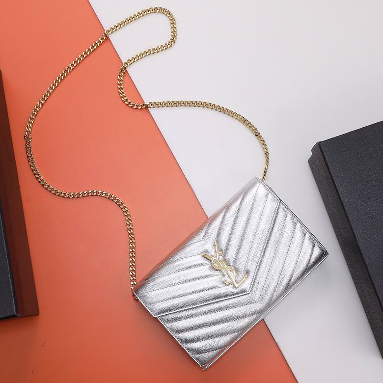 Saint Laurent Monogram Envelope Chain Wallet in Silver Quilted Leather