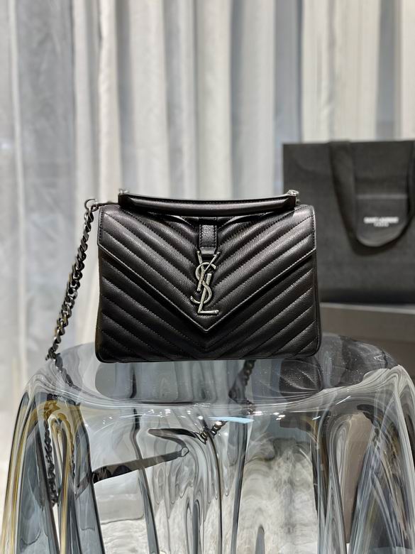Saint Laurent College Medium Chain Bag in Black Chevron-Quilted Leather