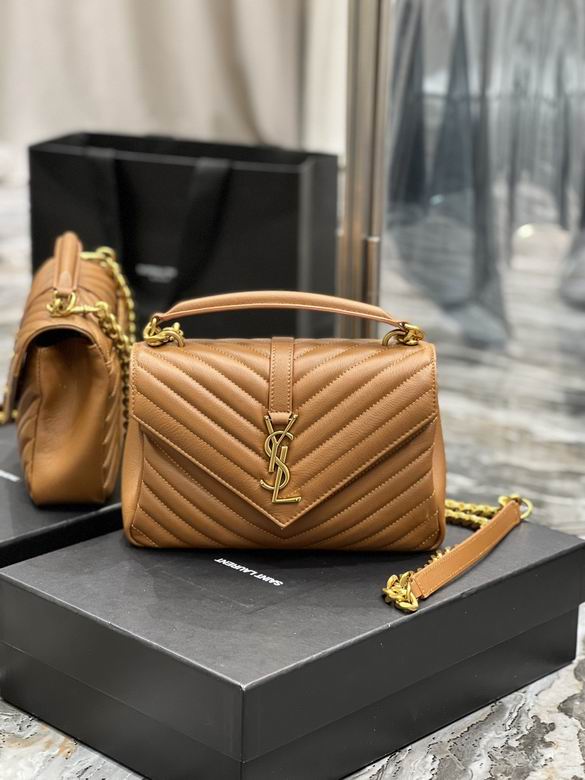 Saint Laurent College Medium Chain Bag in Tan Chevron-Quilted Leather