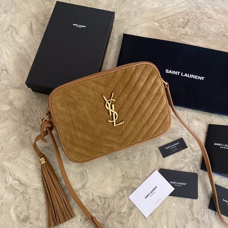 Saint Laurent Lou Camera Bag in Tan Quilted Suede with Gold YSL Monogram