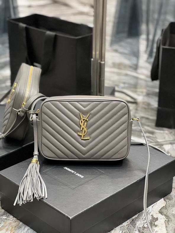 Saint Laurent Lou Medium Camera Bag in Grey Chevron-Quilted Leather