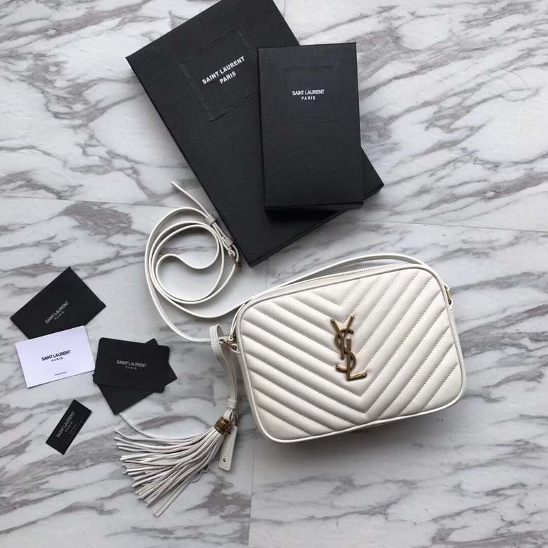 Saint Laurent Lou Medium Camera Bag in White Chevron-Quilted Leather