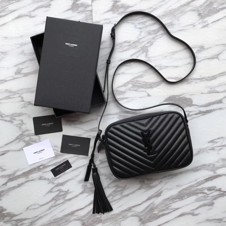 Saint Laurent Lou Camera Bag in Black Chevron-Quilted Leather with Tassel
