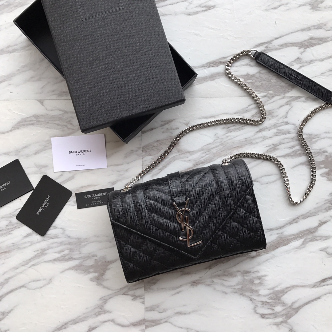 Saint Laurent Envelope Medium Chain Bag in Black Grain de Poudre Leather
