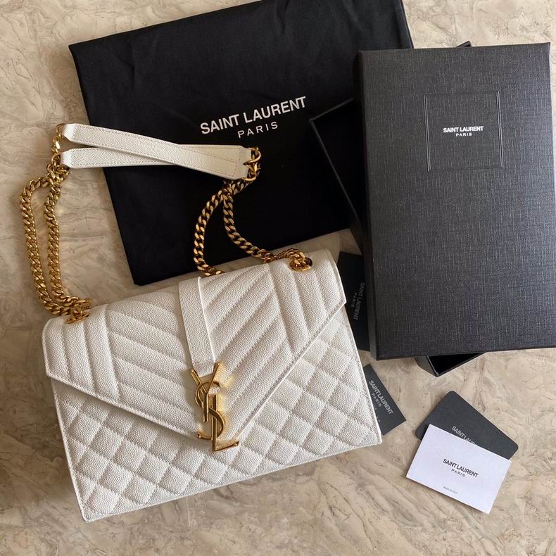 Saint Laurent Envelope Medium Chain Bag in White Grain de Poudre Leather