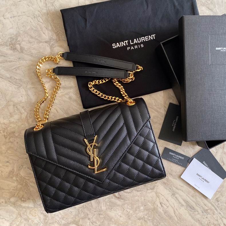 Saint Laurent Envelope Medium Chain Bag in Black Mix-Matelassé Leather