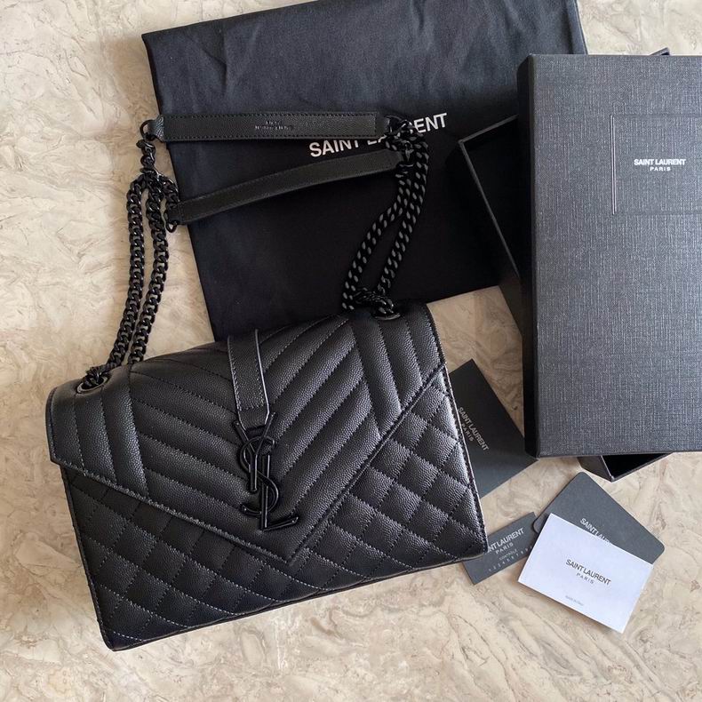 Saint Laurent Envelope Medium Chain Bag in Black Mix Matelassé Grain Leather