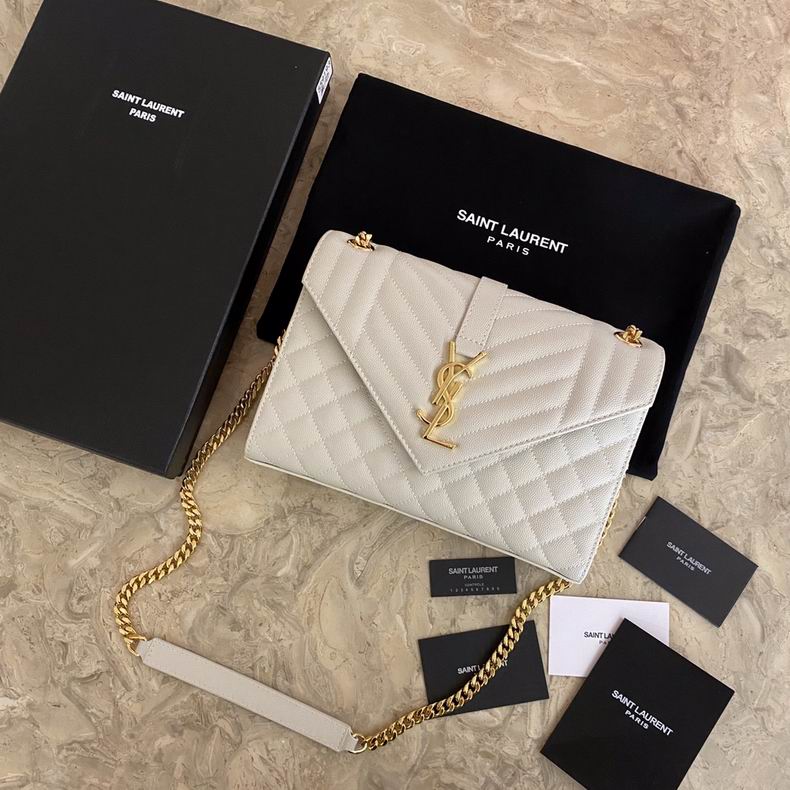 Saint Laurent Envelope Medium Chain Bag in White Grain de Poudre Leather