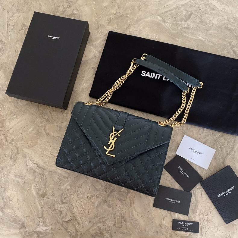 Saint Laurent Envelope Medium Chain Bag in Dark Green Quilted Grain Leather