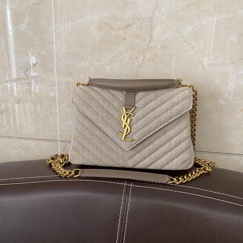 Saint Laurent College Medium Chain Shoulder Bag in Beige Quilted Linen