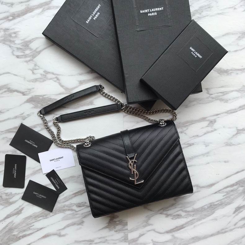 Saint Laurent Envelope Medium Chain Bag in Black Grain de Poudre Leather