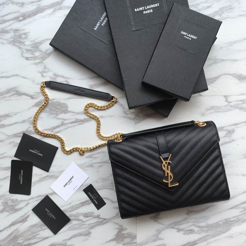 Saint Laurent Envelope Medium Chain Bag in Black Grained Leather, Gold Hardware