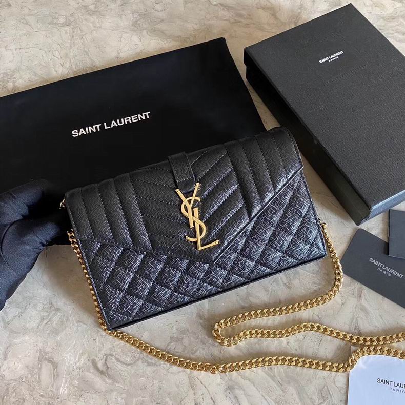 Saint Laurent Envelope Small Chain Wallet in Black Textured Matelassé Leather