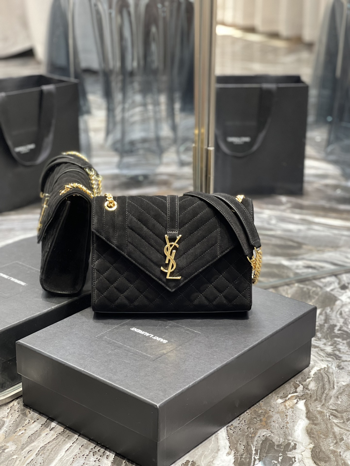 Saint Laurent Envelope Medium Chain Bag in Black Quilted Suede with Gold Hardware