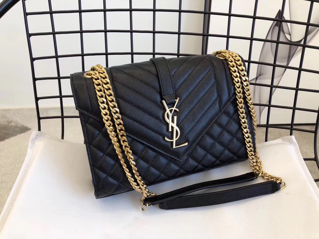 Saint Laurent Envelope Medium Chain Bag in Black Grained Leather