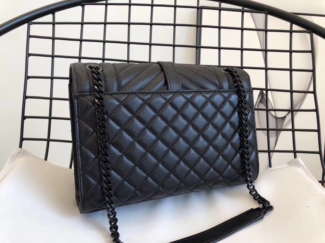Saint Laurent Envelope Medium Chain Shoulder Bag in Black Quilted Grained Leather