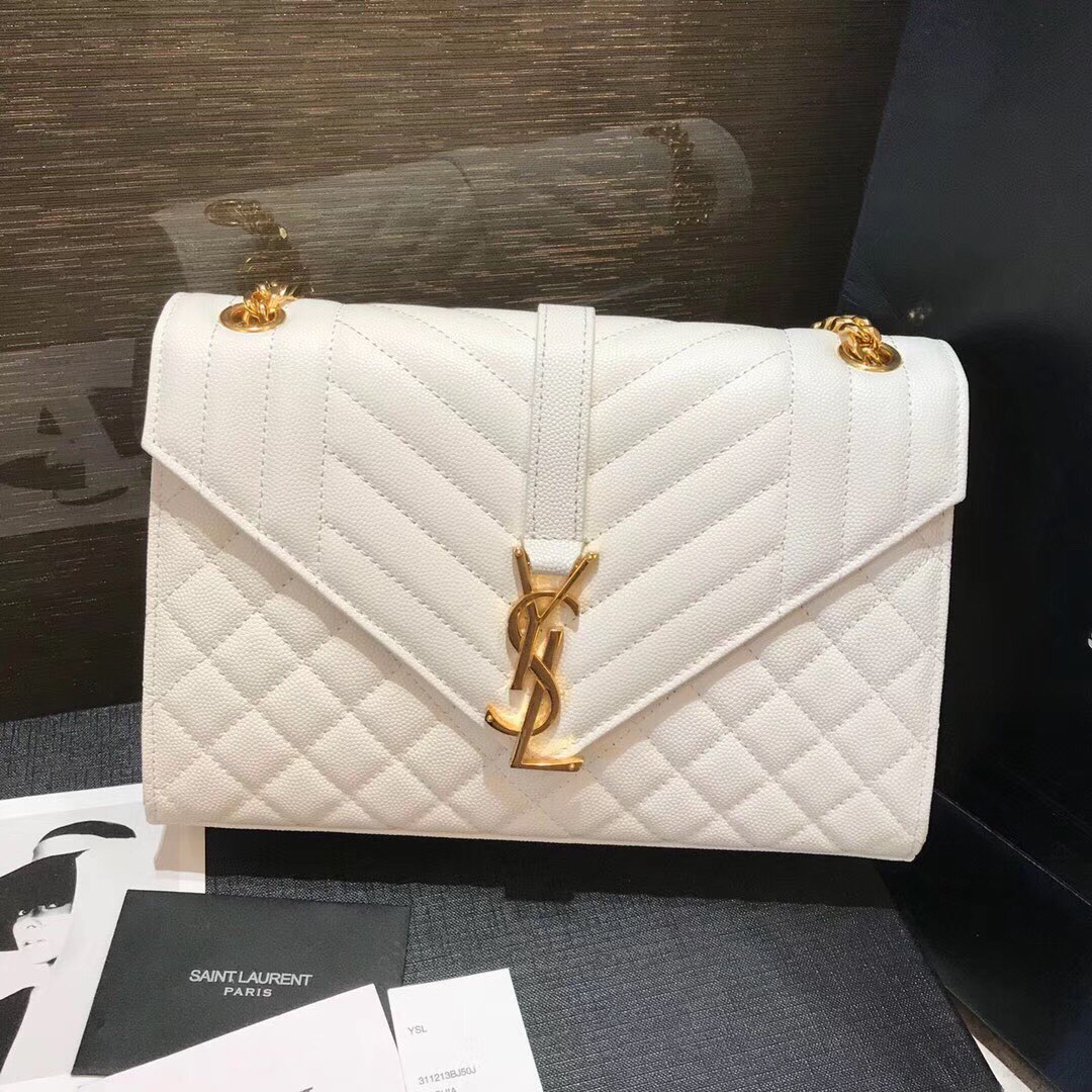 Saint Laurent Envelope Medium Chain Bag in White Grained Quilted Leather