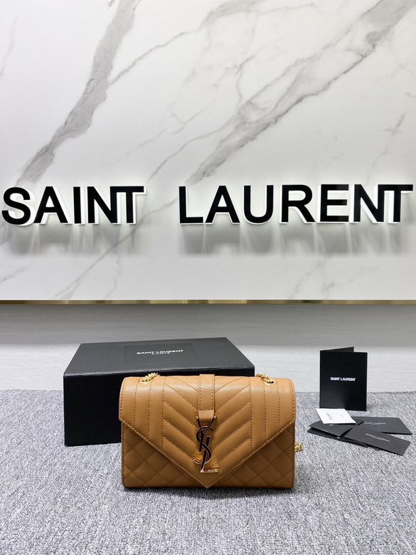Saint Laurent Envelope Small Chain Bag in Tan Mixed-Matelassé Grain Leather