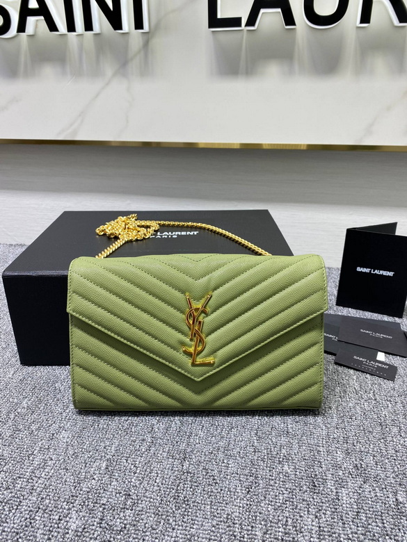 Saint Laurent Envelope Chain Wallet in Sage Green Quilted Grain Leather