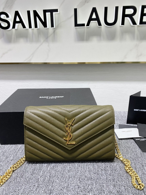 Saint Laurent Envelope Chain Wallet in Olive Green Quilted Grain Leather