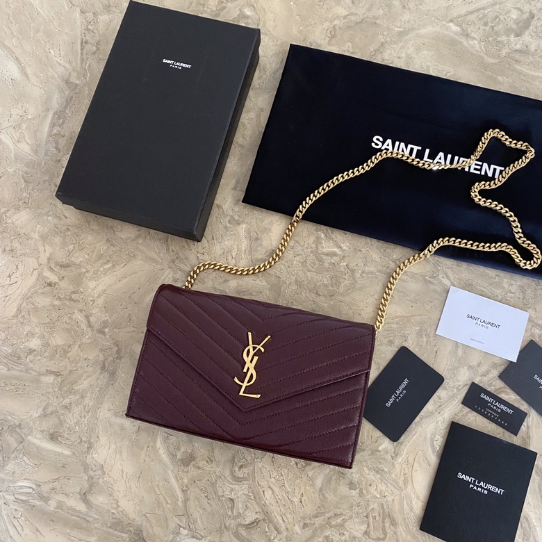 Saint Laurent Envelope Chain Wallet in Burgundy Matelassé Grain de Poudre Leather