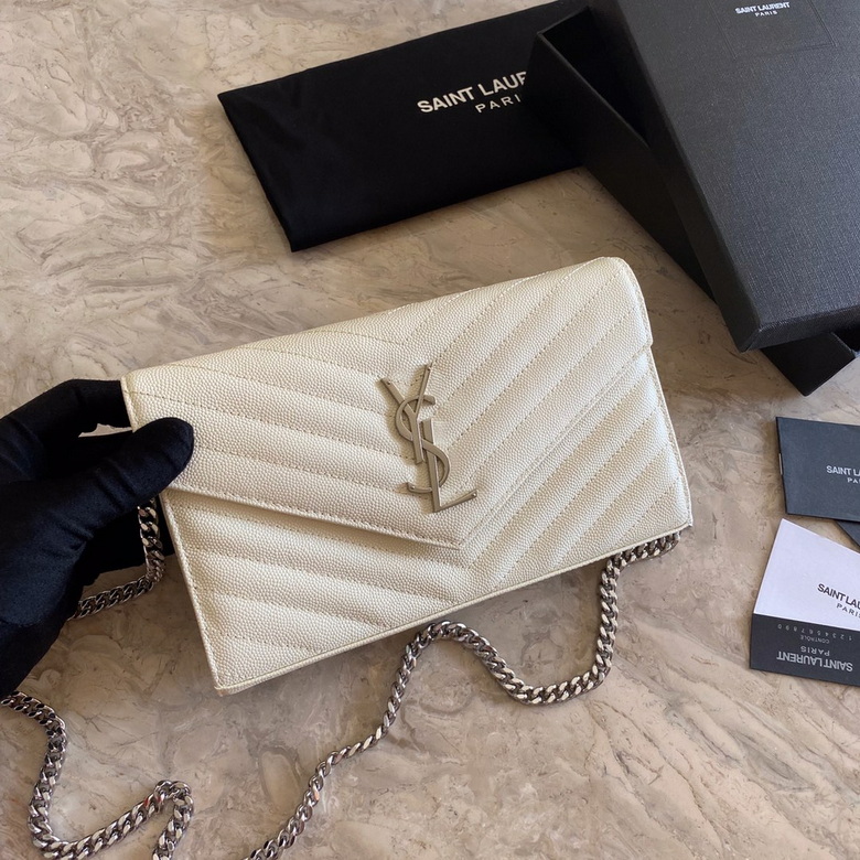 Saint Laurent Envelope Chain Wallet in White Grain de Poudre Leather