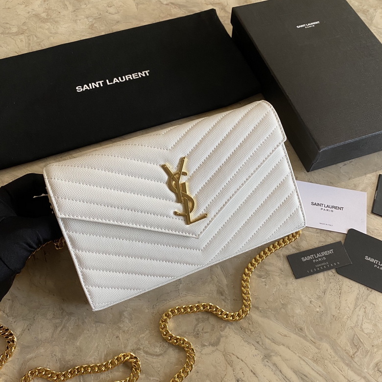 Saint Laurent Envelope Chain Wallet in White Mixed Matelassé Grain Leather