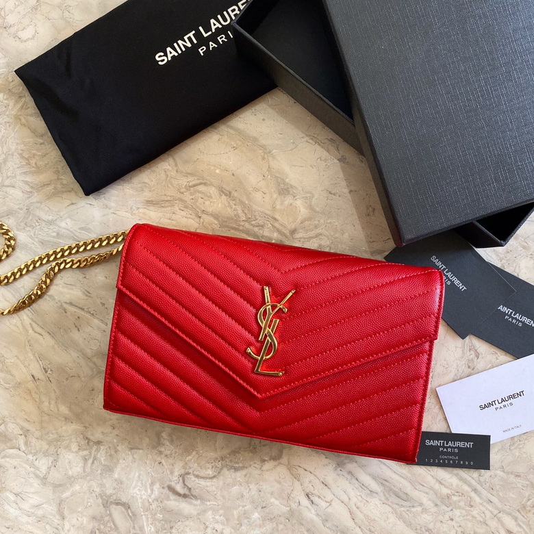 Saint Laurent Envelope Chain Wallet in Red Grain de Poudre Leather