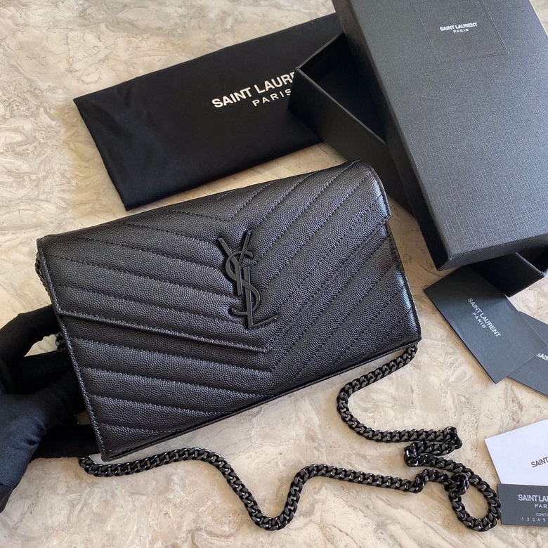 Saint Laurent Envelope Chain Wallet in Black Matelassé Grain de Poudre Leather