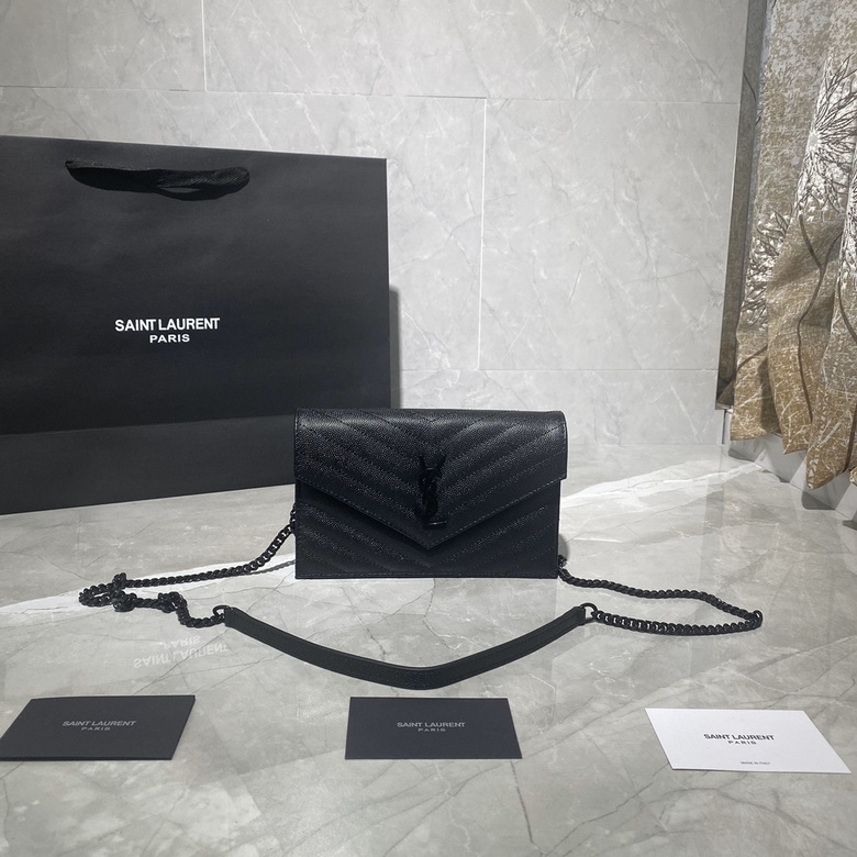 Saint Laurent Envelope Wallet on Chain in Black Quilted Grain Leather