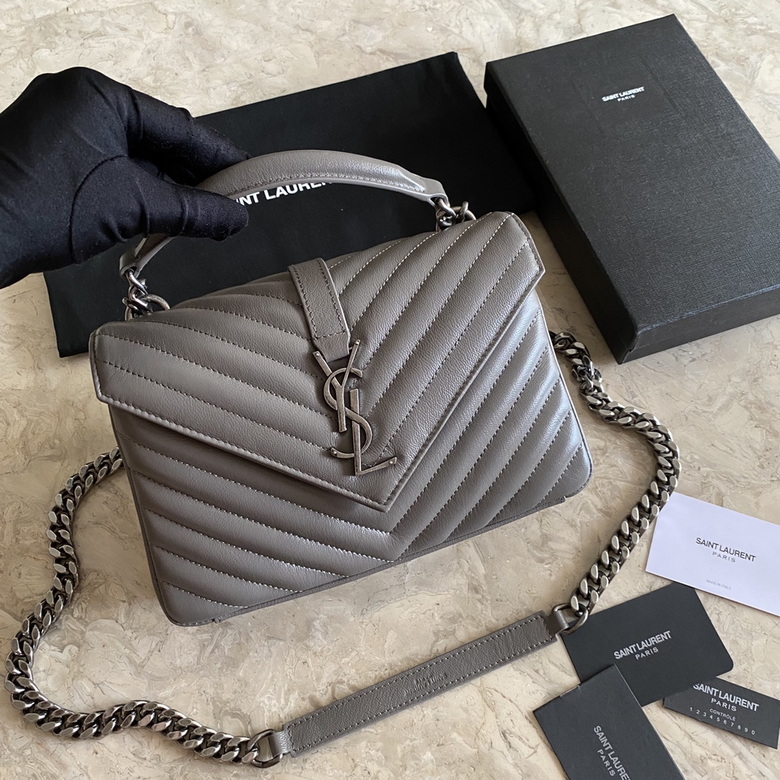 Saint Laurent College Medium Top-Handle Bag in Gray Chevron-Quilted Leather