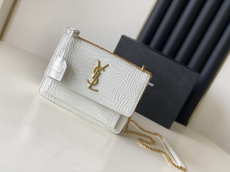 Saint Laurent Sunset Medium Chain Bag in White Crocodile-Embossed Leather